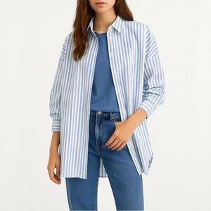 AKRIS PUNTO Oversize Stripe Button-Down Shirt with Pockets